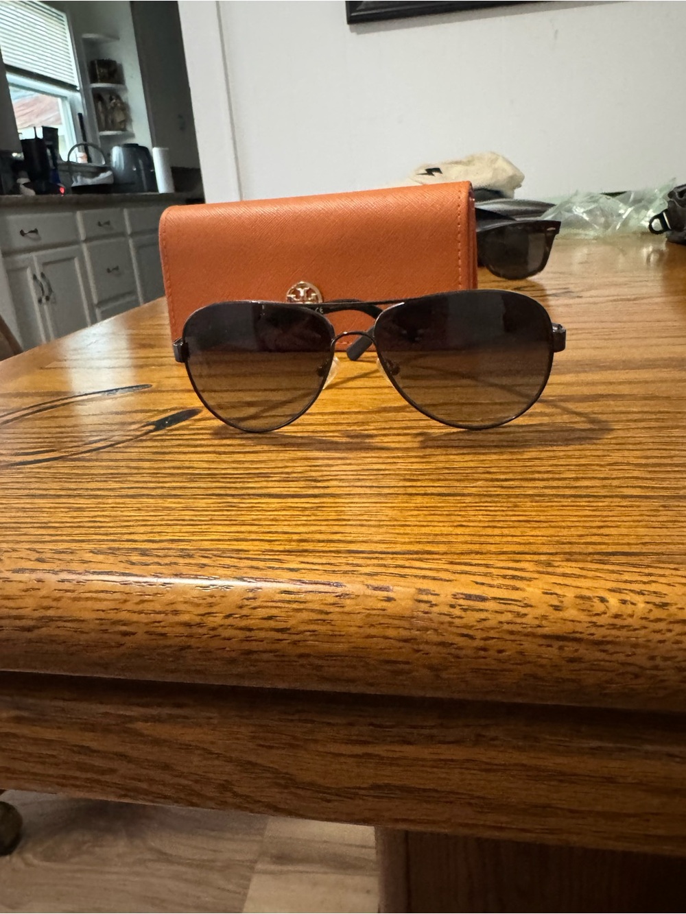 Tory Burch Orange Leather Sunglasses Case with Black Aviator Sunglasses